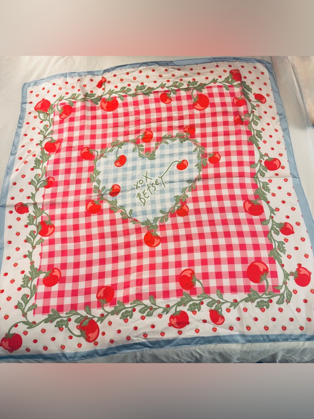 Betsey Johnson Tomato Gingham Square Scarf - Red Blue 35” x 35” - Picture 5 of 16